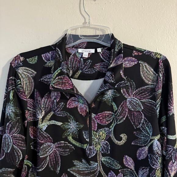 Chico’s Size XL Stretch Knit Black Floral Half zip up sweater size XL - Picture 3 of 10
